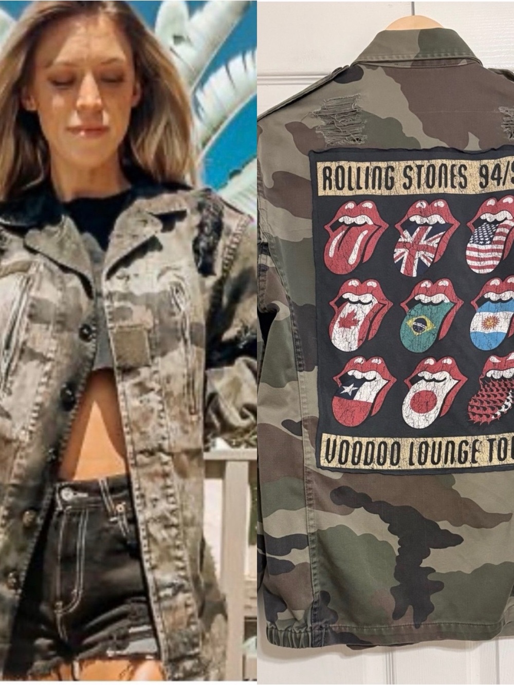 CUSTOM VINTAGE Upcycled Repurposed  Distressed Camo Rolling Stones Utility Jacke